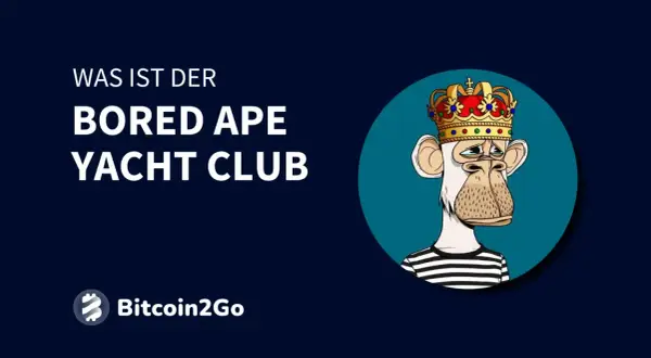 Der Bored Ape Yacht Club NFT: Ein Affe mit Krone und Streifen-Shirt, der die Frage "Was ist der Bored Ape Yacht Club?" aufwirft.
