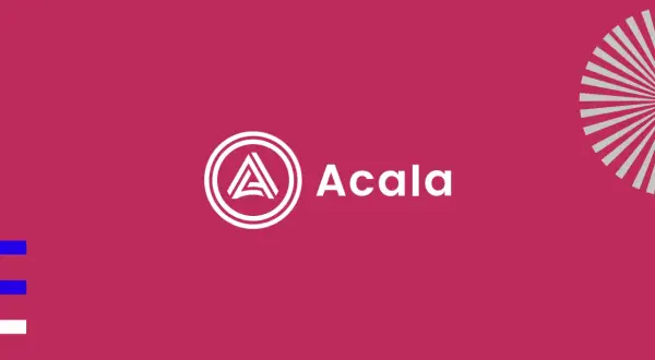 Das Acala Network Logo auf einem magentafarbenen Hintergrund. Links sind blaue und weiße Rechtecke, rechts ein Sonnenstrahlen-Muster.