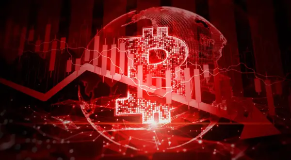 Roter Chart mit fallendem Bitcoin-Symbol und Weltkugel. Die rote Pfeilspitze deutet auf einen Abwärtstrend hin, der erklärt, warum Bitcoin dropping ist.