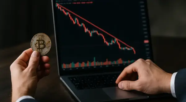 Mann hält Bitcoin-Münze, während auf Laptop-Bildschirm ein fallender Chart zu sehen ist. Die Krypto-Kurse scheinen zu shorten.