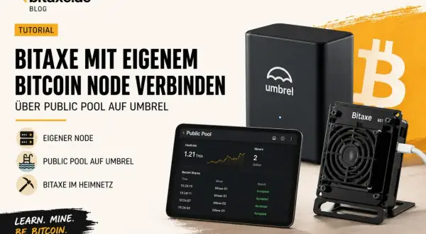 Ein Umbrel-Gerät und ein Bitaxe-Miner, die zeigen, wie man mit einem eigenen Bitcoin-Node und Open-Source-Software minen kann.