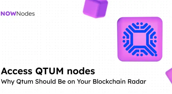 NOWNodes Logo und ein stilisiertes Symbol für den Qtum Coin. Der Text lautet "Access QTUM nodes. Why Qtum Should Be on Your Blockchain Radar".