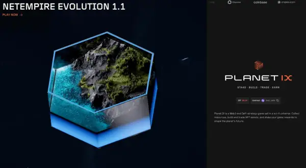 Ein hexagonales Ökosystem mit grünen Hügeln und blauem Wasser, das für das crypto gaming Planet IX wirbt.