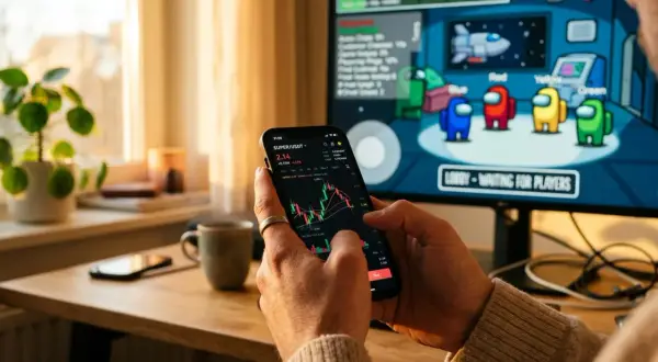Person spielt "Among Us" am PC, während er auf dem Handy den Kurs von SUPER/USDT verfolgt. Eine super farm für Gamer und Trader.