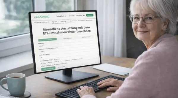 Seniorin nutzt ETF-Rechner für auszahlplan mit kapitalverzehr. Sie plant ihre monatliche Entnahme.