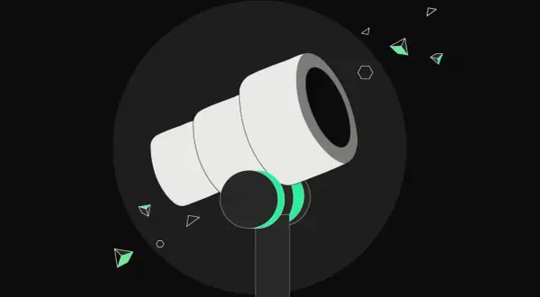 Ein Teleskop blickt in die Nacht, um den fet token zu finden. Grüne geometrische Formen schweben umher.