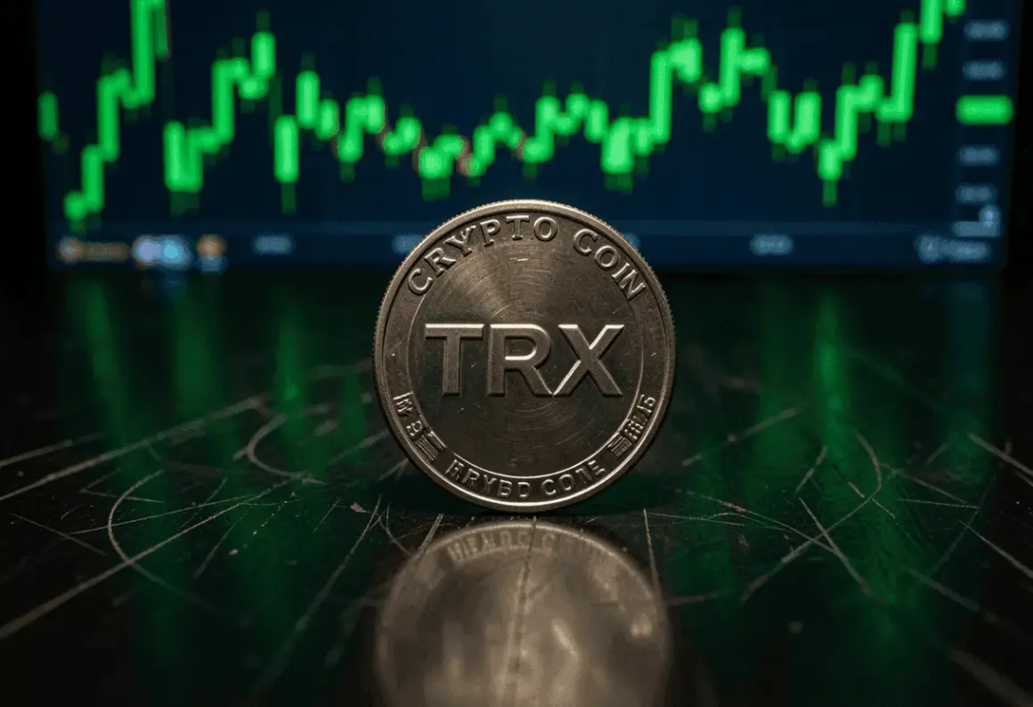 Eine TRX-Münze liegt vor einem grünen Chart, der die Volatilität von tron crypto zeigt.