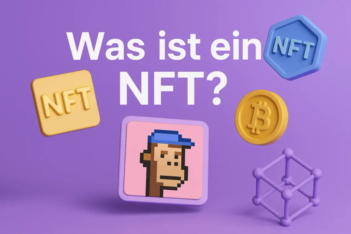 Was ist ein NFT? Ein digitaler Affe, Bitcoin und ein NFT-Symbol auf lila Hintergrund.