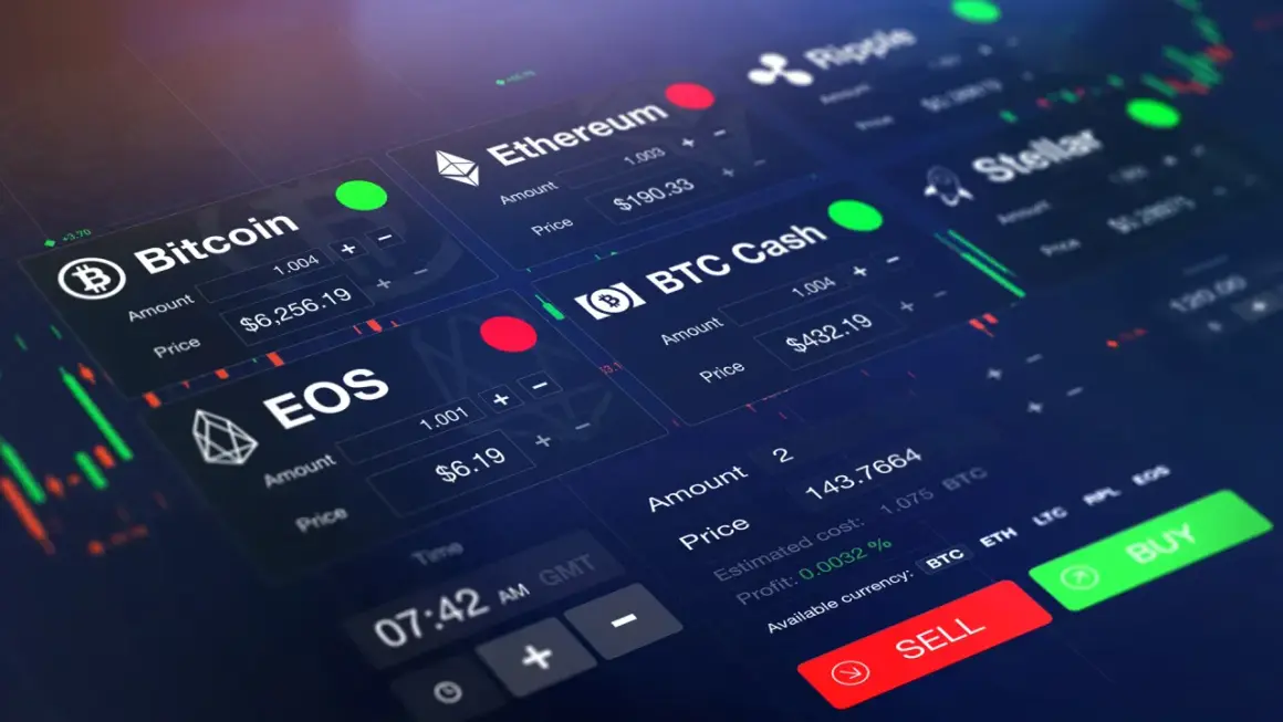 Kryptowährungs-Trading-Interface mit Bitcoin, Ethereum, EOS und BTC Cash. Der sxpc-Coin ist hier nicht sichtbar, aber die Preise schwanken.