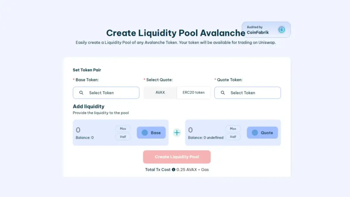 Erstelle einen Liquiditätspool auf Avalanche. Wähle Base- und Quote-Token, um die Liquidität für deinen balancer fi zu erhöhen.