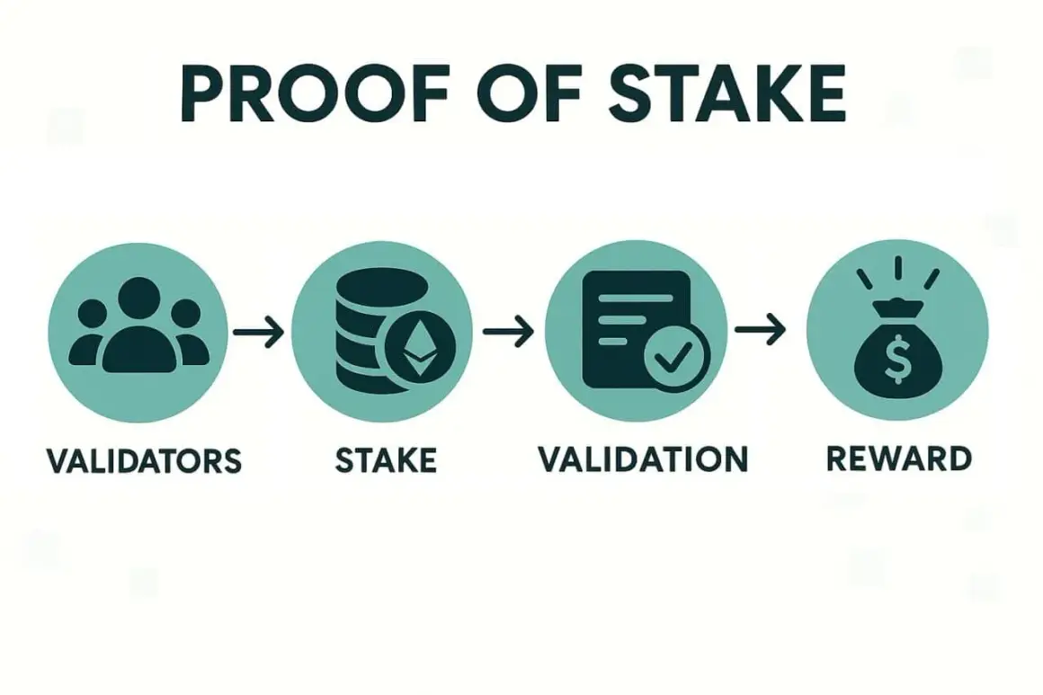 Proof of Stake" Prozess: Validatoren staken Krypto, was zur Validierung und Belohnung führt.