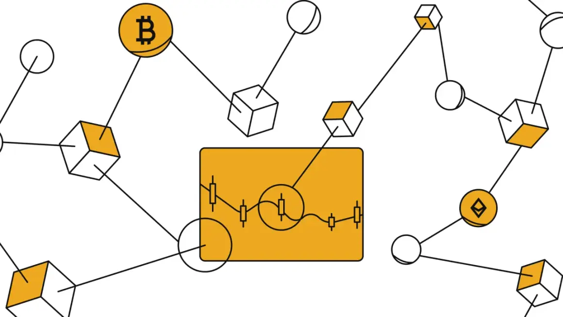 Abstrakte Darstellung von dydx crypto: Bitcoin, Ethereum und Blockchain-Blöcke sind verbunden. Ein Chart zeigt den Kursverlauf.