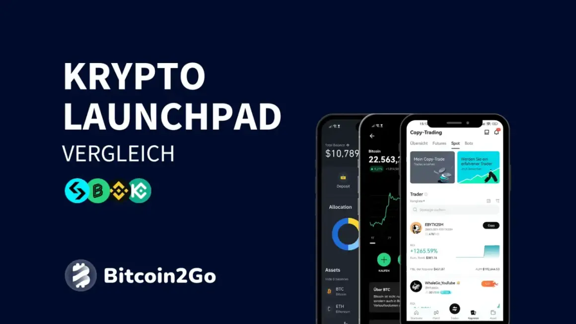 Krypto Launchpad Vergleich mit Bitcoin2Go. Mobile Apps zeigen Krypto-Trading-Oberflächen, ideal für den Start neuer Projekte.