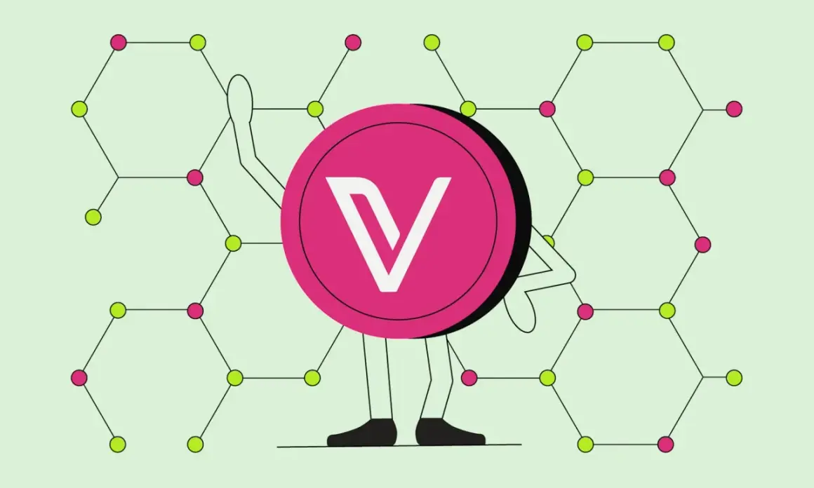 Vechain Thor-Münze mit stilisierten Armen und Beinen, die vor einem Hintergrund aus verbundenen Sechsecken stehen.