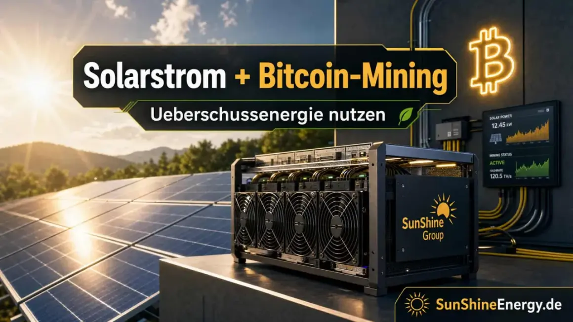 Solar-Mining-Rigs neben Solarpaneelen. Überschüssige Sonnenenergie wird für Bitcoin-Mining genutzt.