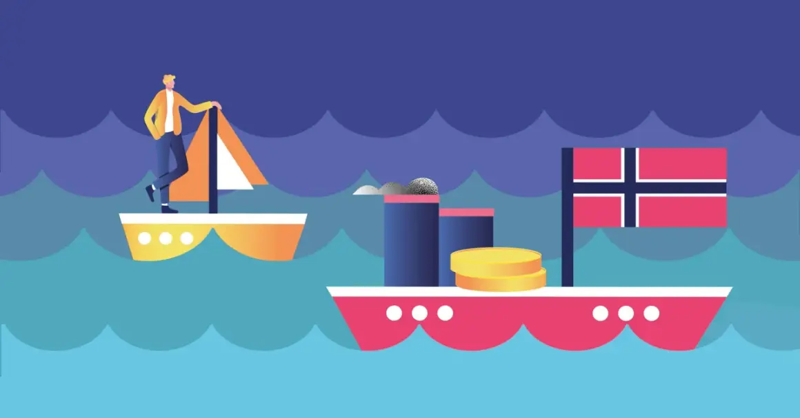 Ein Mann auf einem Segelboot blickt auf ein Schiff mit der norwegischen Flagge und Münzen, das die norwegischer staatsfonds zusammensetzung symbolisiert.