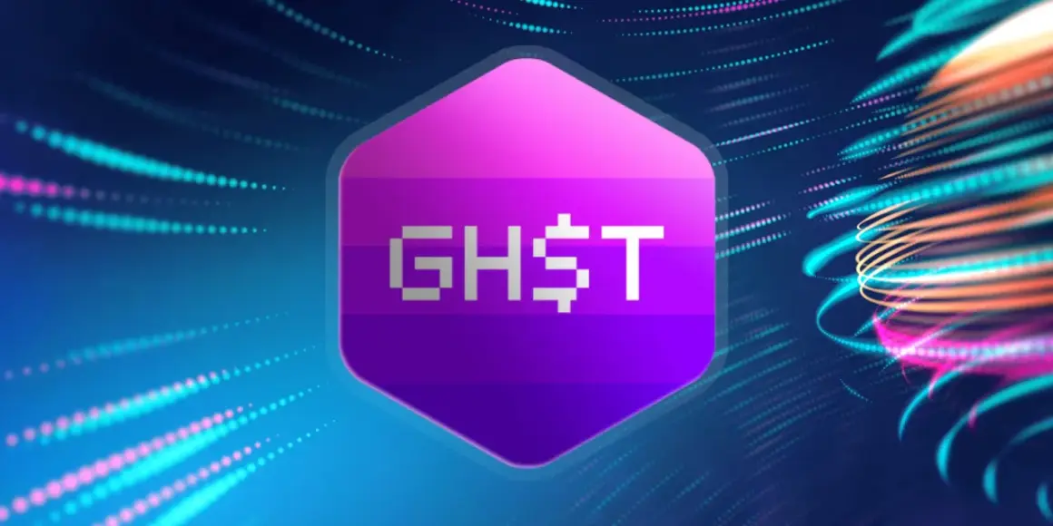 Das GHST Coin-Logo in Pixel-Art auf einem violetten Sechseck, umgeben von leuchtenden, abstrakten Lichtspuren.