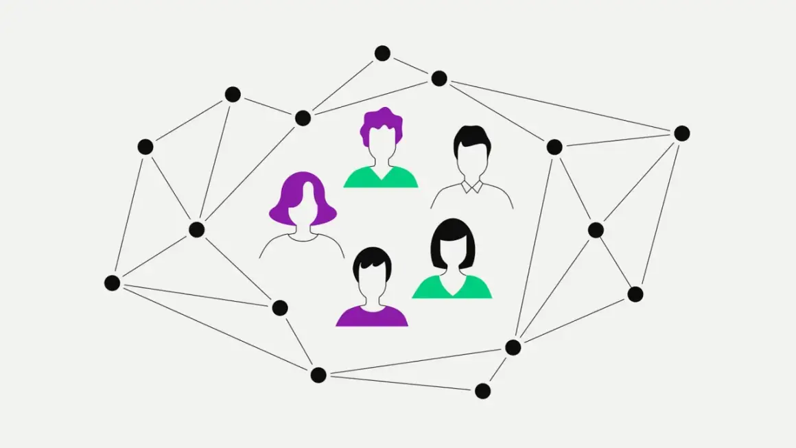 Menschen verbunden in einem Netzwerk, das eine dezentrale autonome Organisation symbolisiert.
