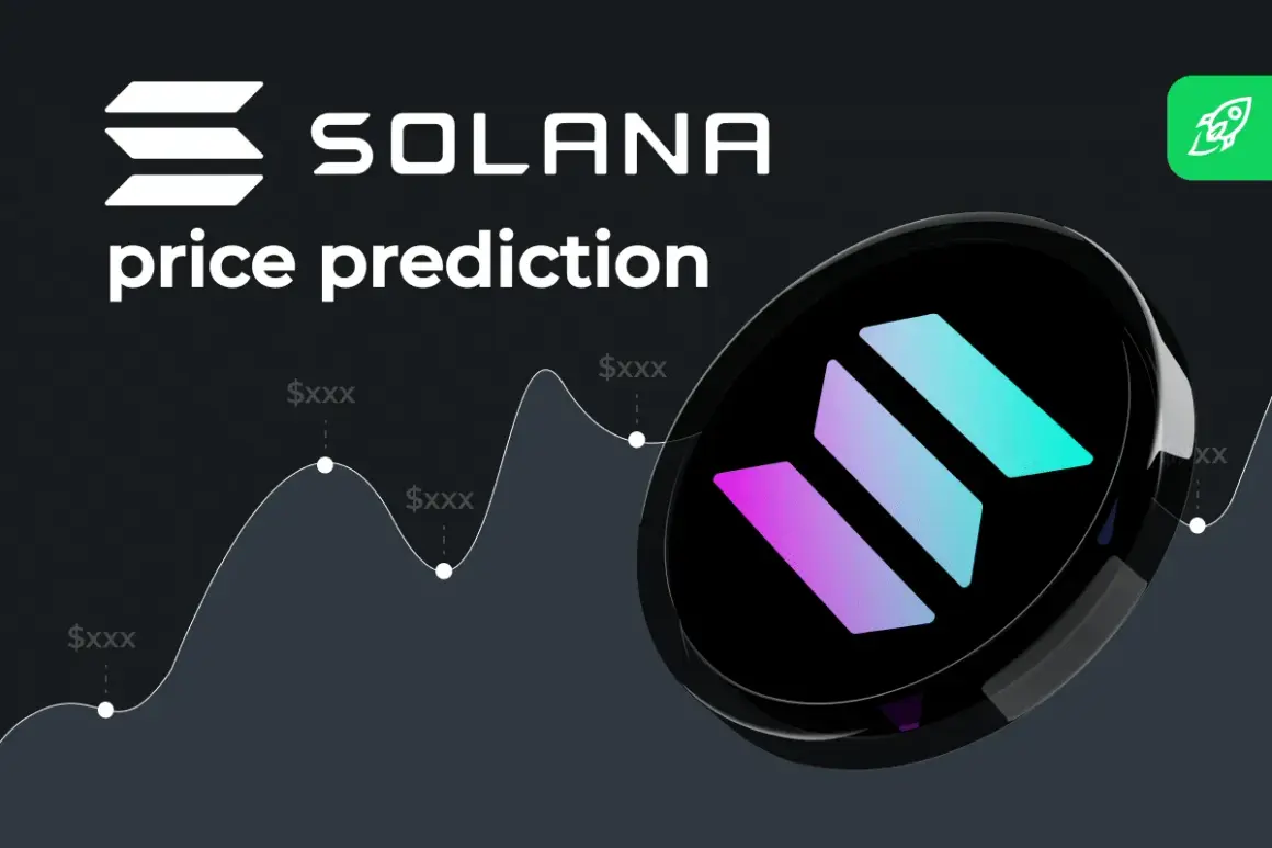 Solana Preisvorhersage 2040: Ein Diagramm zeigt den Aufwärtstrend von Solana, mit dem Logo und dem Slogan "price prediction".