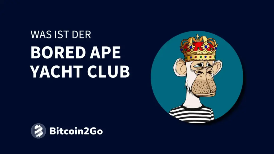 Der Bored Ape Yacht Club NFT: Ein Affe mit Krone und Streifen-Shirt, der die Frage "Was ist der Bored Ape Yacht Club?" aufwirft.
