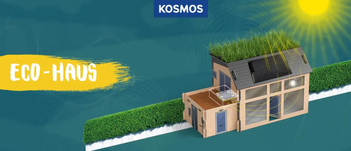 Ein modernes Eco-Haus mit Solarpaneelen und Gründach, das die Energieeffizienz des cosmos blockchain-Netzwerks symbolisiert.