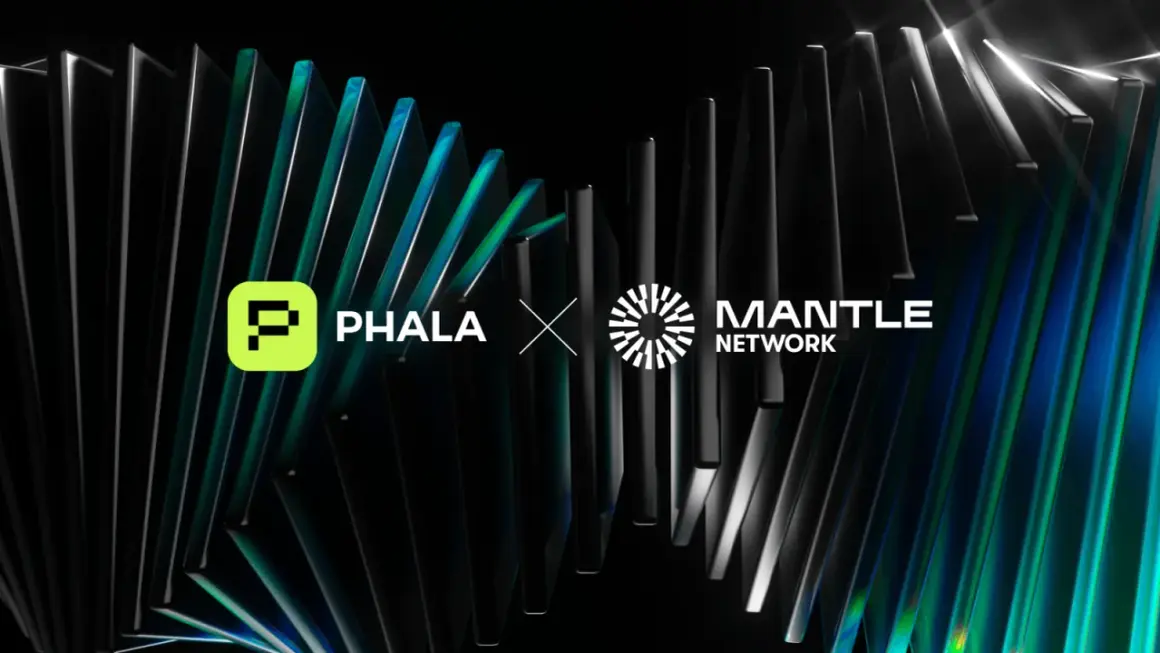 Phala Network und Mantle Network kooperieren. Abstrakte, glänzende Formen im Hintergrund.