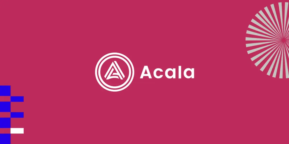 Das Acala Network Logo auf einem magentafarbenen Hintergrund. Links sind blaue und weiße Rechtecke, rechts ein Sonnenstrahlen-Muster.