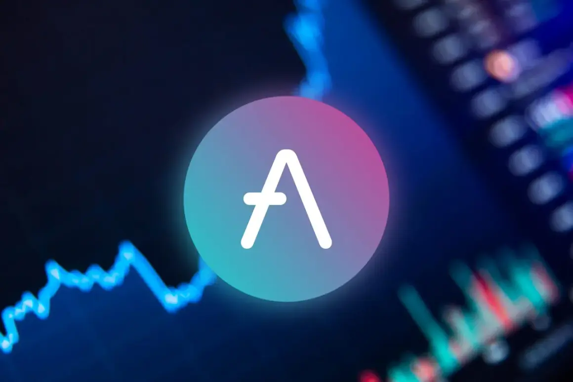 Das AAVE Coin-Logo leuchtet vor einem unscharfen Hintergrund mit einem blauen Diagramm, das den Markt widerspiegelt.