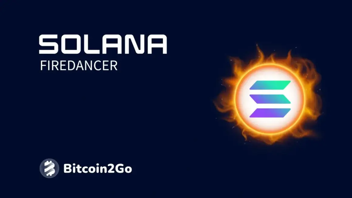 Solana Firedancer: Ein leuchtendes Symbol, umgeben von Flammen, repräsentiert die Kraft und Geschwindigkeit von Solana.