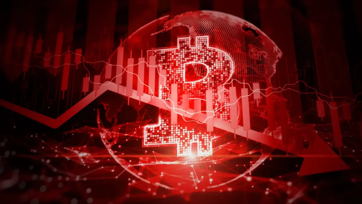 Roter Chart mit fallendem Bitcoin-Symbol und Weltkugel. Die rote Pfeilspitze deutet auf einen Abwärtstrend hin, der erklärt, warum Bitcoin dropping ist.