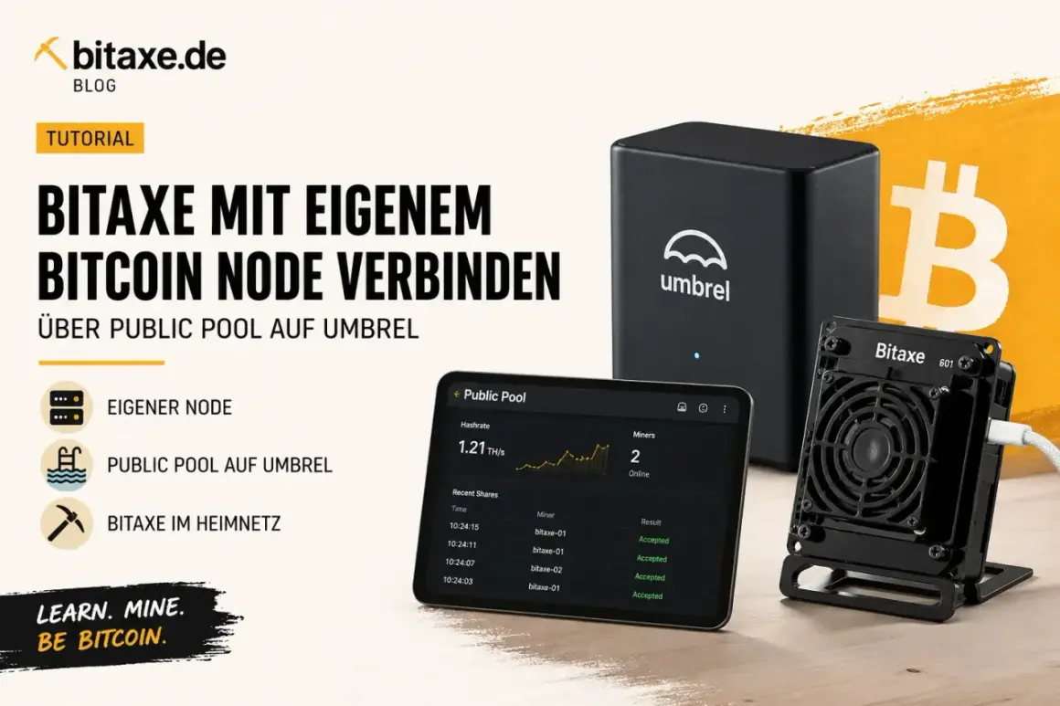 Ein Umbrel-Gerät und ein Bitaxe-Miner, die zeigen, wie man mit einem eigenen Bitcoin-Node und Open-Source-Software minen kann.