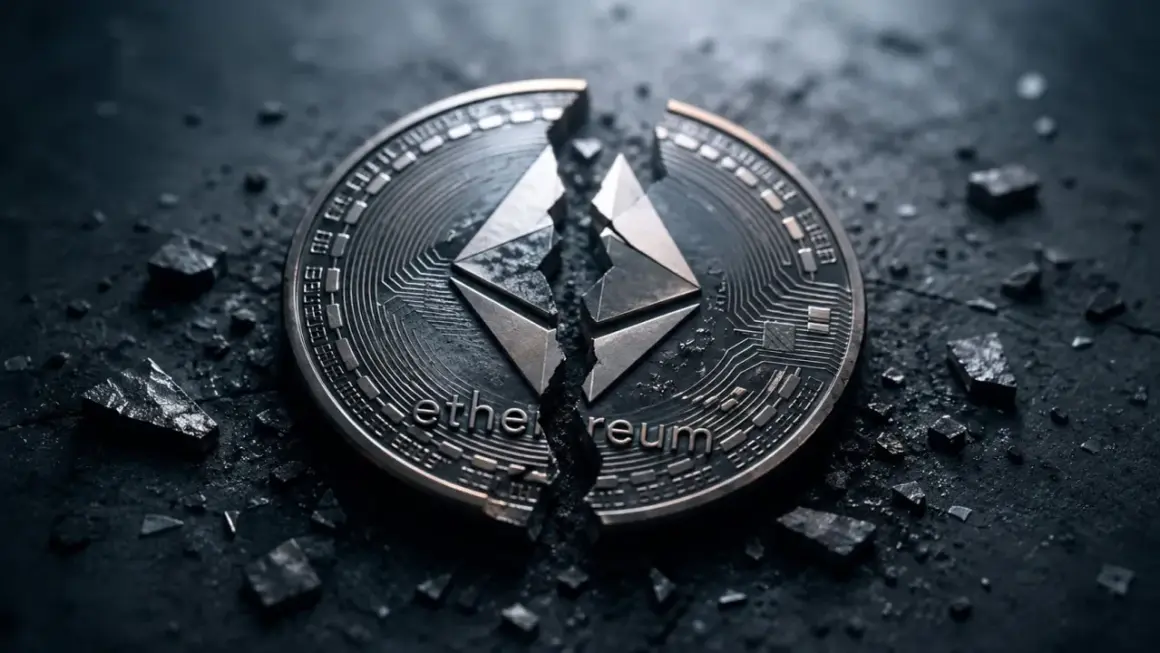 Zerbrochene Ether Krypto-Münze mit dem Ethereum-Logo, umgeben von Trümmern auf dunklem Hintergrund.