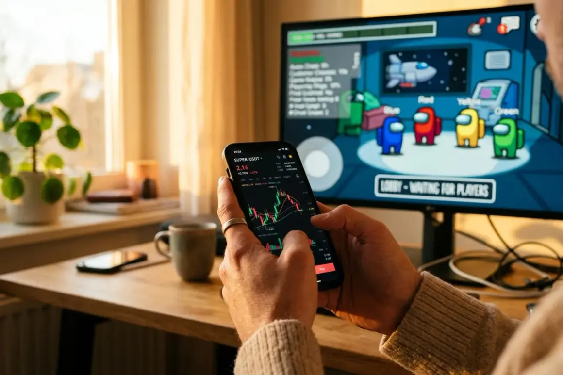 Person spielt "Among Us" am PC, während er auf dem Handy den Kurs von SUPER/USDT verfolgt. Eine super farm für Gamer und Trader.