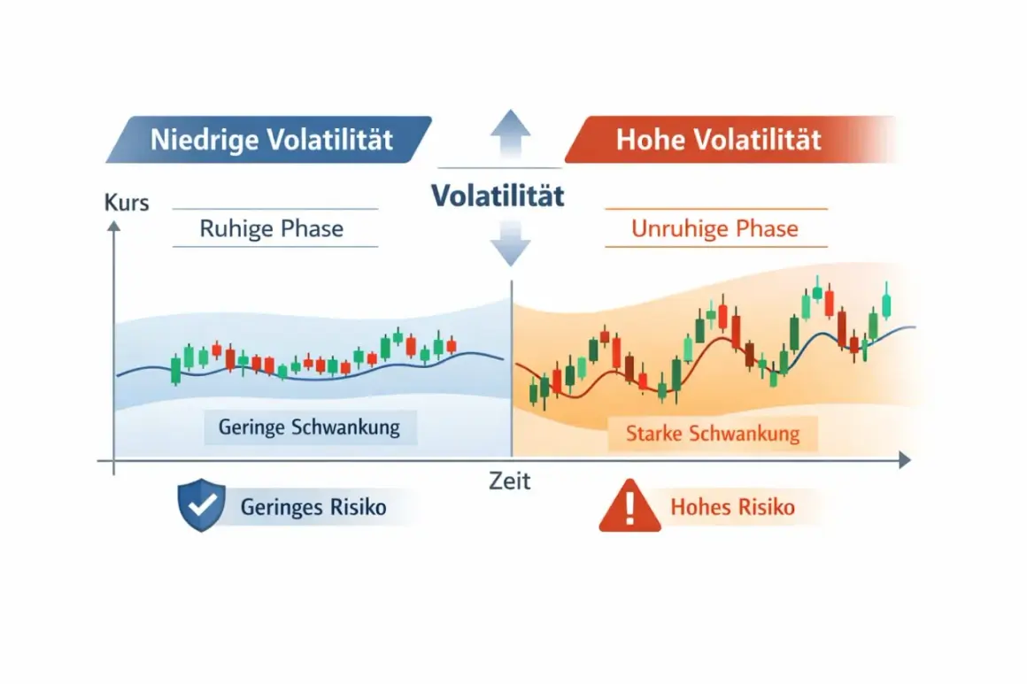 Vergleich von niedriger und hoher Volatilität: ruhige Phase mit geringer Schwankung und geringem Risiko vs. unruhige Phase mit starker Schwankung und hohem Risiko.