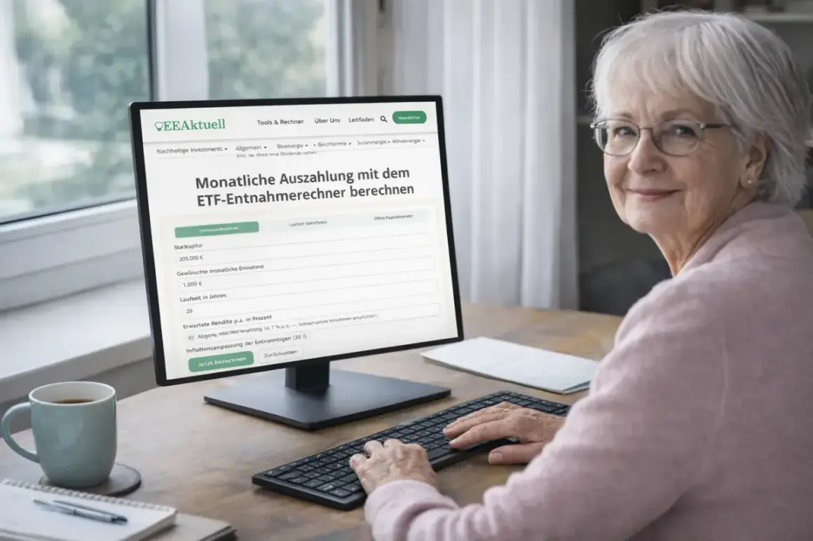 Seniorin nutzt ETF-Rechner für auszahlplan mit kapitalverzehr. Sie plant ihre monatliche Entnahme.