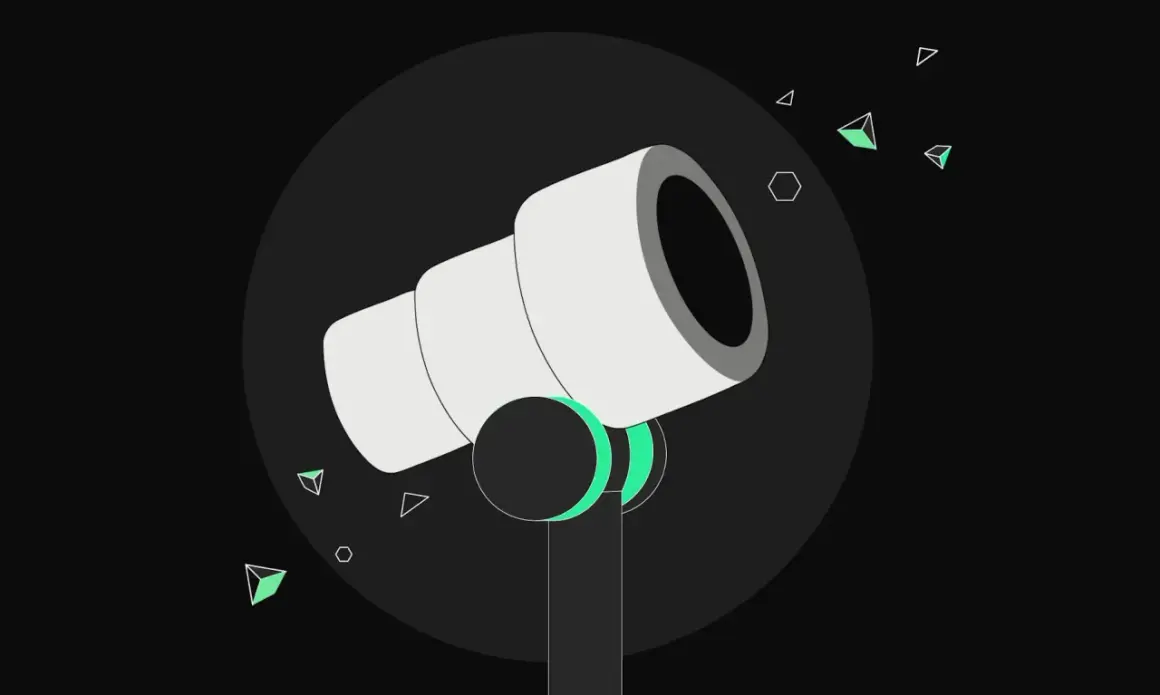 Ein Teleskop blickt in die Nacht, um den fet token zu finden. Grüne geometrische Formen schweben umher.