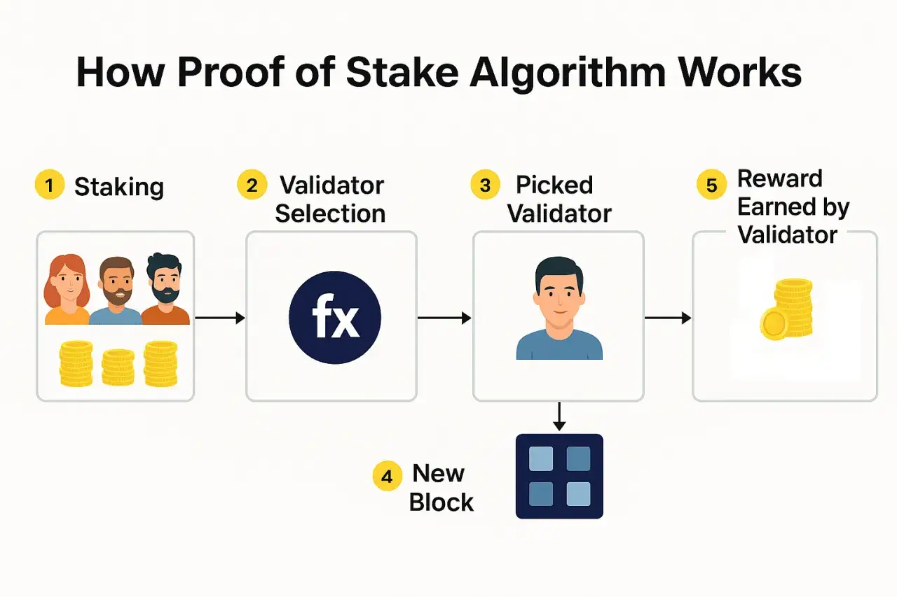 Schritt-f&uuml;r-Schritt-Anleitung zum Staking von Krypto: Staking, Validator-Auswahl, ausgew&auml;hlter Validator, neuer Block, Belohnung.