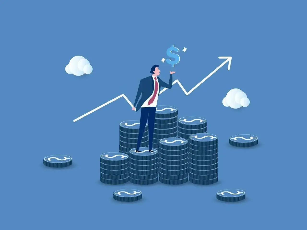 Mann auf M&uuml;nzstapeln, der ein Dollarzeichen h&auml;lt. Ein steigender Graph symbolisiert, wie man mit Aktien Geld verdienen kann.