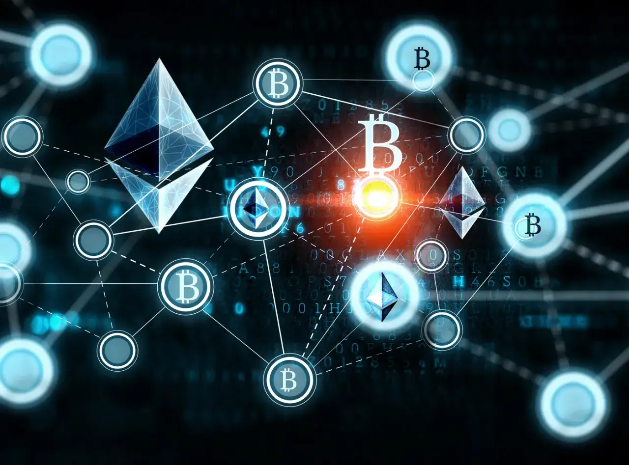 Netzwerk aus Bitcoin und Ethereum Symbolen, die die Technologie hinter Proof-of-Work-Coins darstellen.
