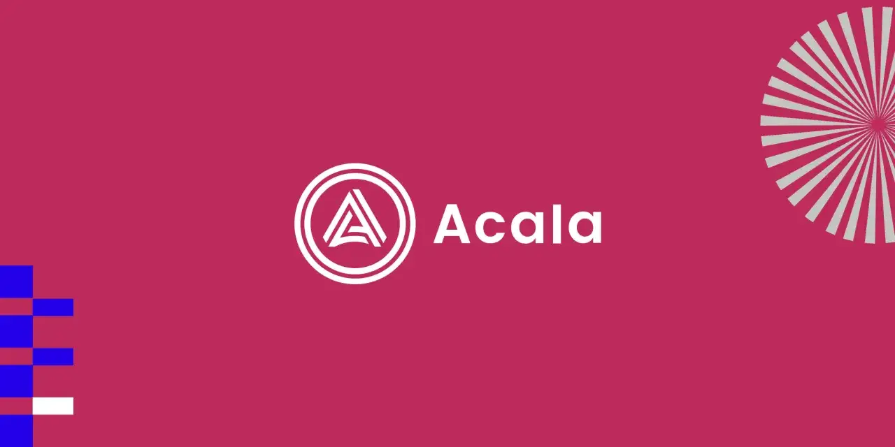 Das Acala Network Logo auf einem pinken Hintergrund. Links sind blaue und wei&szlig;e Bl&ouml;cke, rechts ein grauer F&auml;cher.