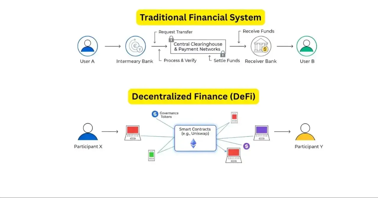 Vergleich: Traditionelles Finanzsystem vs. DeFi. Algorand ist eine Blockchain-Plattform, die dezentrale Finanzanwendungen erm&ouml;glicht.