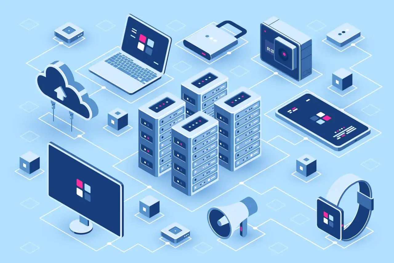 Vernetzte Ger&auml;te wie Server, Laptop, Smartphone und Smartwatch, die mit einer Cloud verbunden sind. Ein Schloss und eine Kamera deuten auf Sicherheit und &Uuml;berwachung hin. Die Darstellung erinnert an die Infrastruktur f&uuml;r den akash coin.