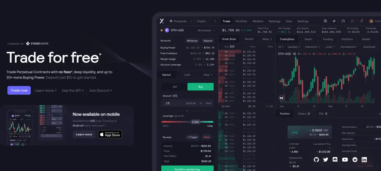dydx crypto: Handel mit ETH-USD auf einer Plattform mit tiefen Liquidit&auml;t und bis zu 20x mehr Kaufkraft. Kostenlose Perpetual Contracts.