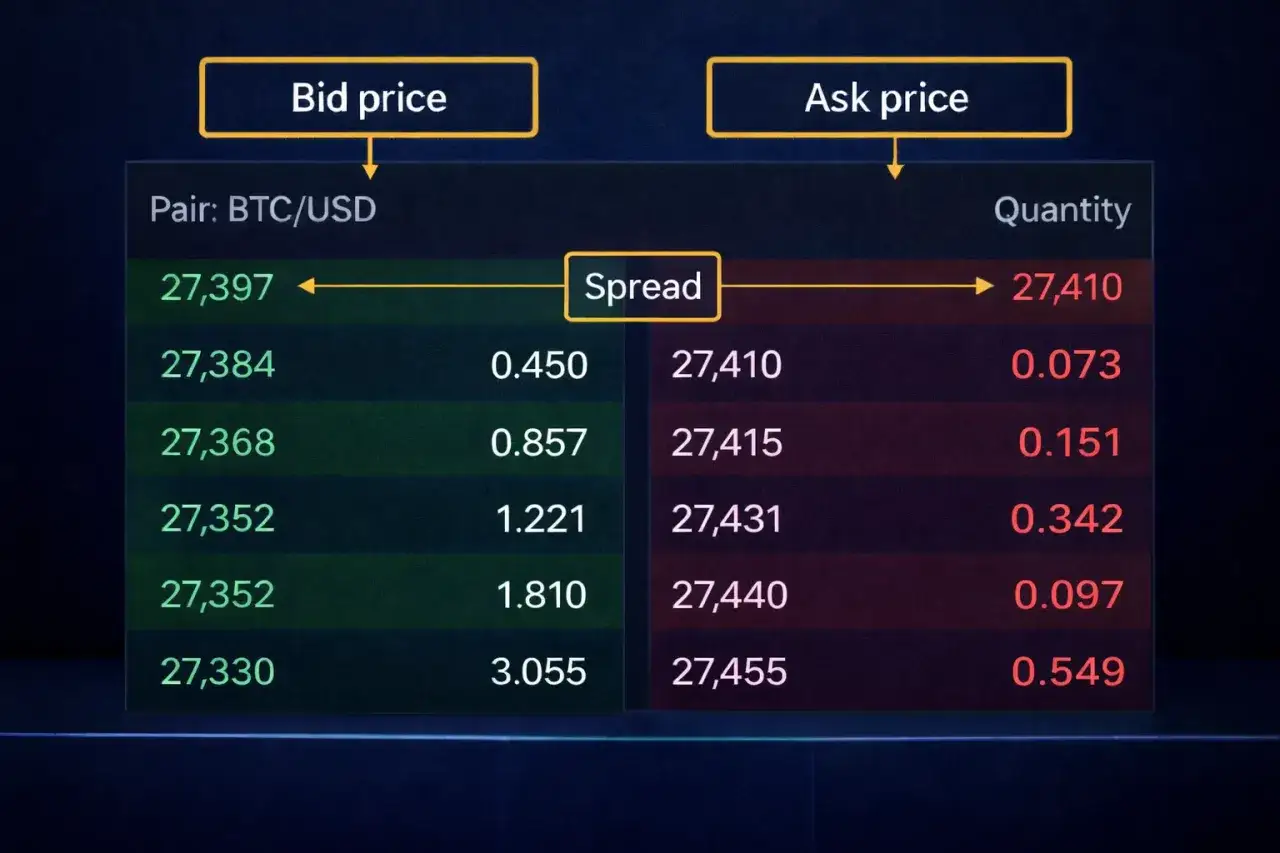 BTC/USD Orderbuch: Bid- und Ask-Preise. Ein Maker erstellt Liquidit&auml;t, ein Taker nutzt sie. Der Spread zeigt die Differenz.