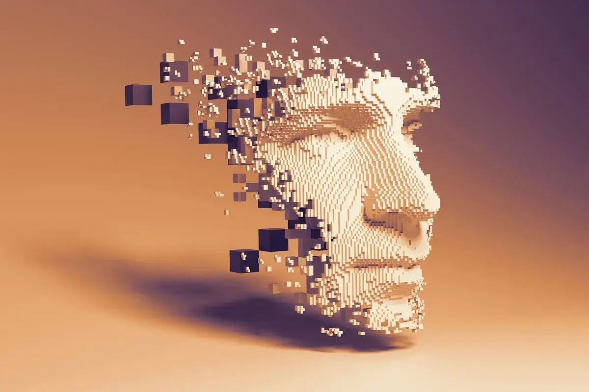 Ein Gesicht aus Pixeln zerf&auml;llt, ein Symbol f&uuml;r die digitale Welt und das ens domain.