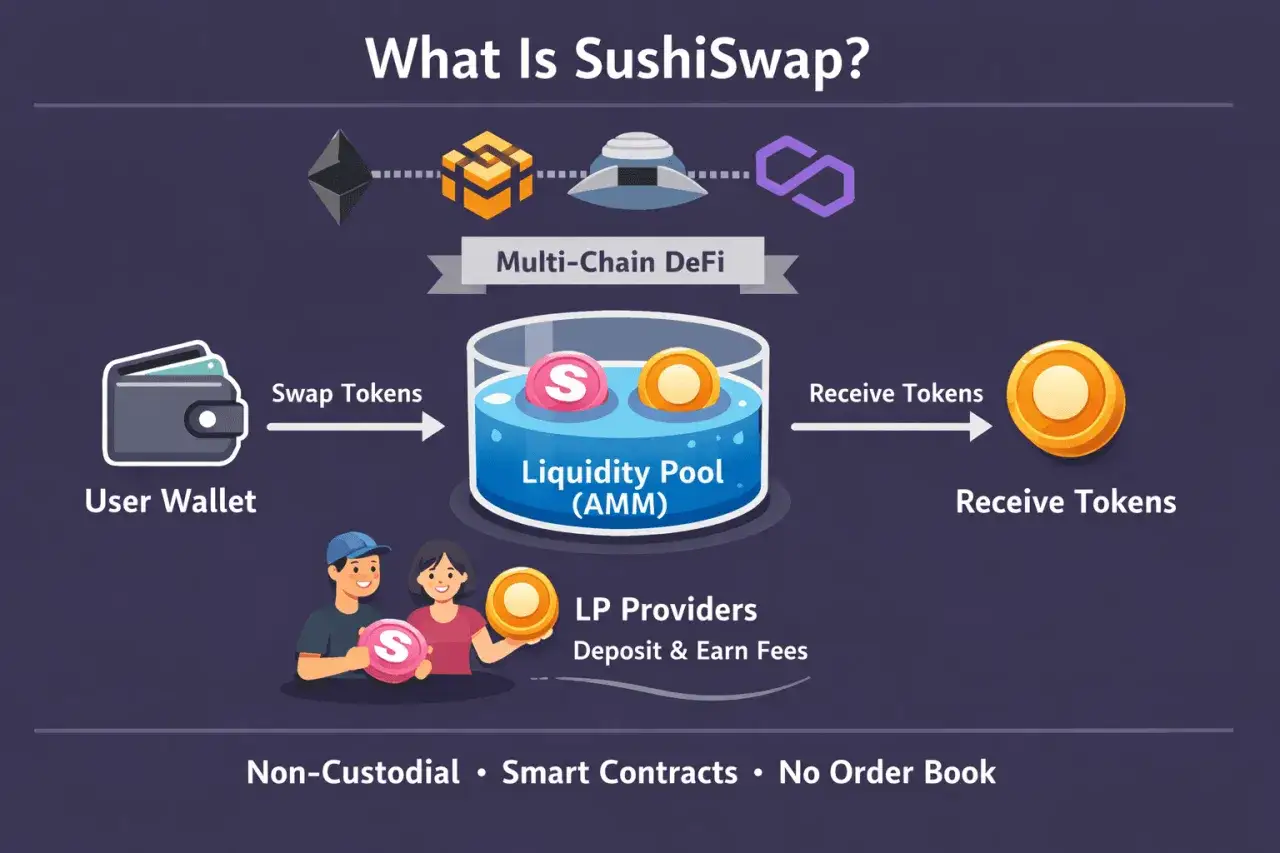 Diagramm erklärt, wie man mit dem sushiswap coin Token über eine User Wallet in einen Liquidity Pool tauscht und so Gebühren verdient.