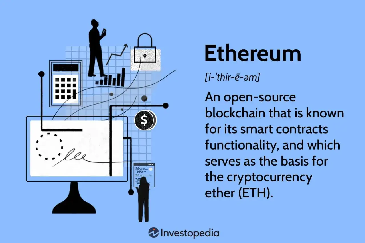 Illustration zeigt die ethereum blockchain mit Symbolen f&uuml;r Finanzen und Sicherheit.