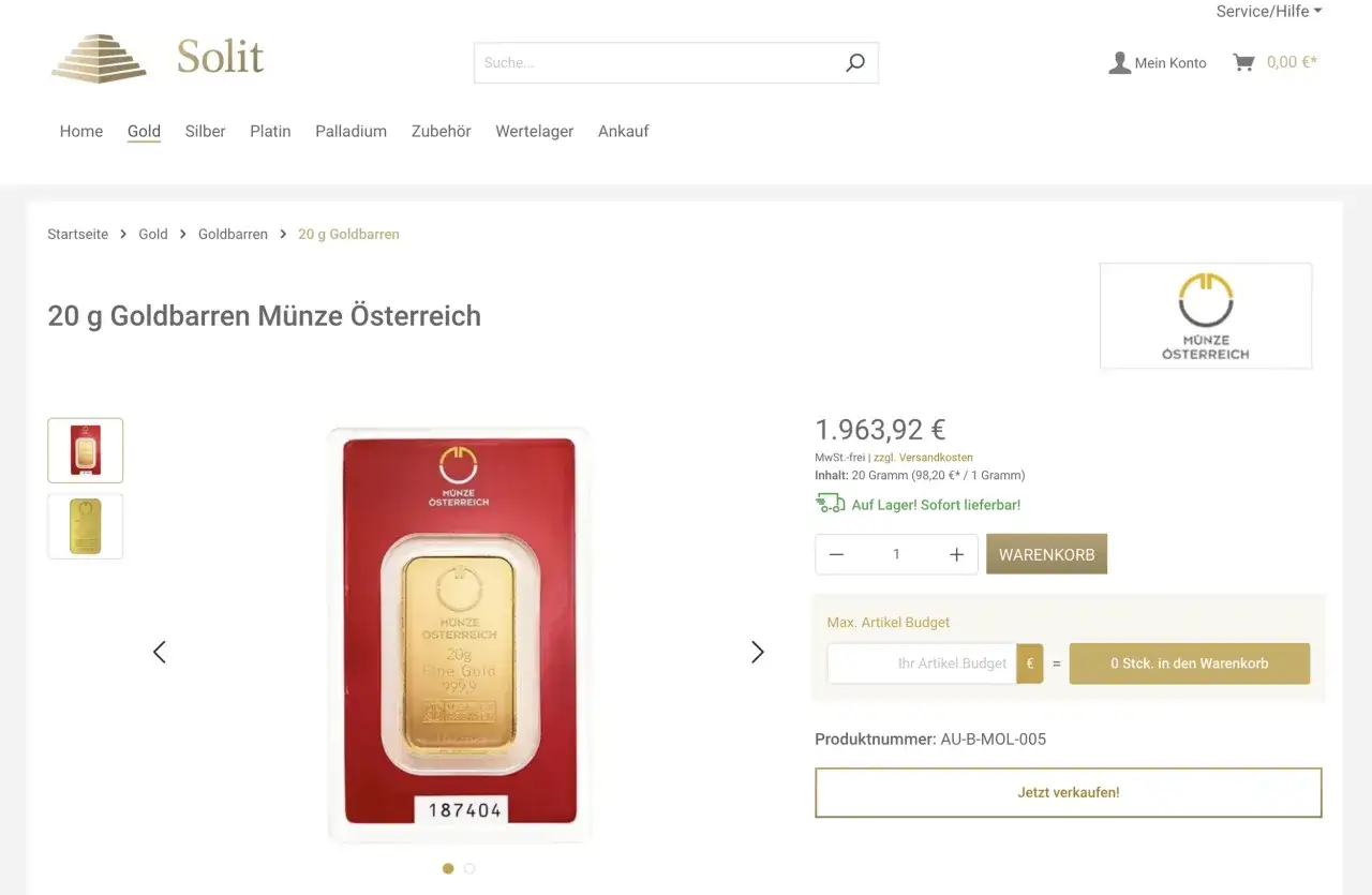 20g Goldbarren M&uuml;nze &Ouml;sterreich, 1.963,92 &euro;. Hier erfahren Sie, wie investiere ich in Gold und sichern Sie sich diesen Barren.