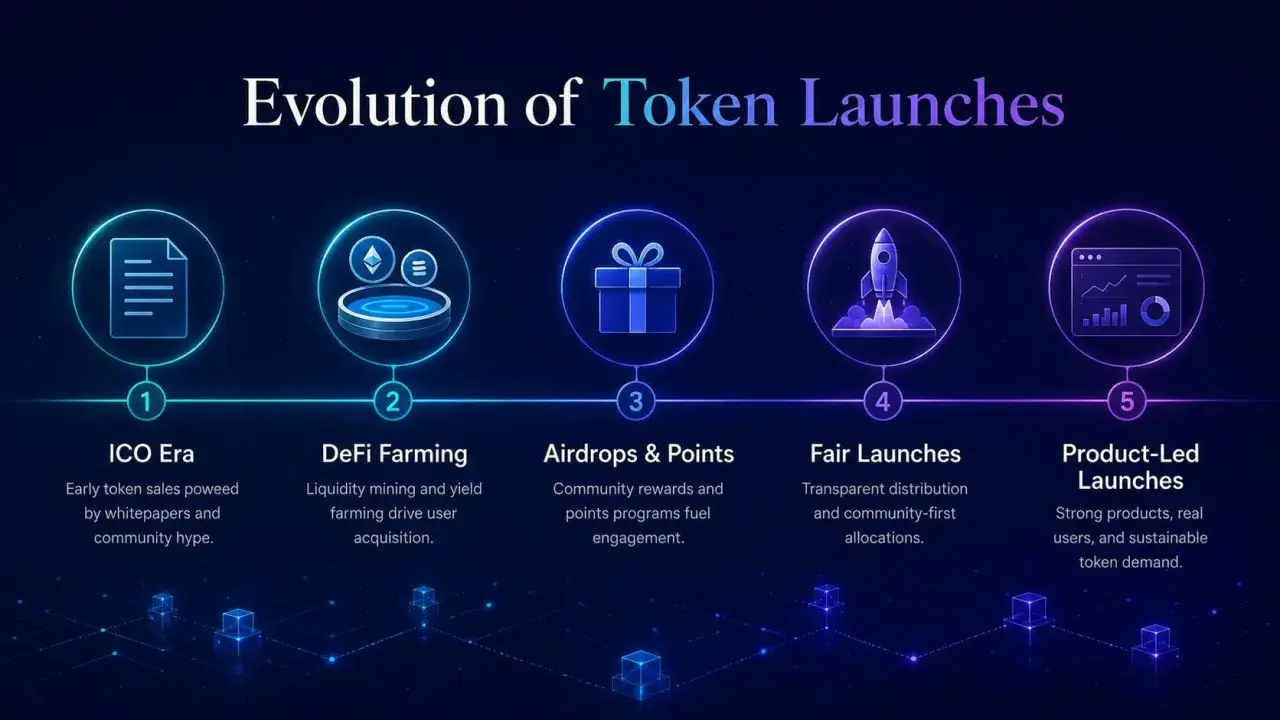 Die Entwicklung von Token-Launches: Von ICOs &uuml;ber DeFi Farming und Airdrops bis hin zu Fair Launches und Product-Led Launches, die den Weg f&uuml;r erfolgreiche Krypto-Projekte ebnen.