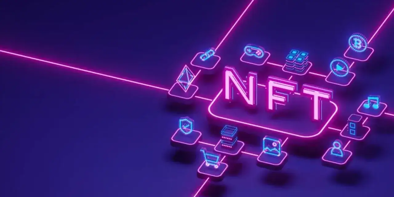Abstrakte Darstellung von NFT (Non-Fungible Token) mit leuchtenden Symbolen für Kryptowährung, Spiele, Musik und mehr, verbunden durch neonfarbene Linien.